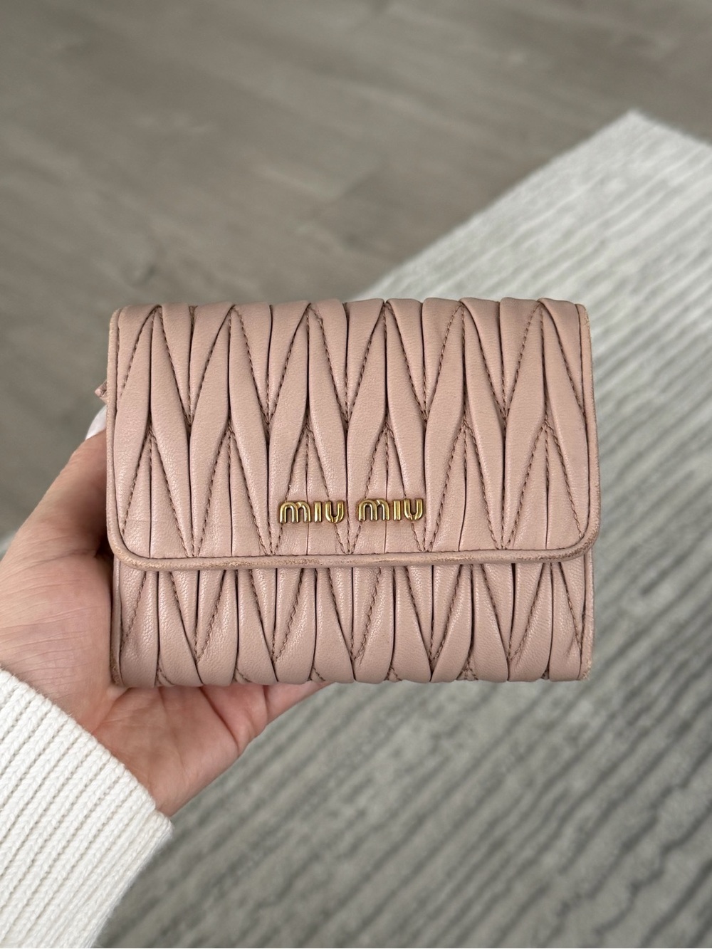 Miu Miu Blush Pink Matelassé Leather Compact Wallet with Gold Logo